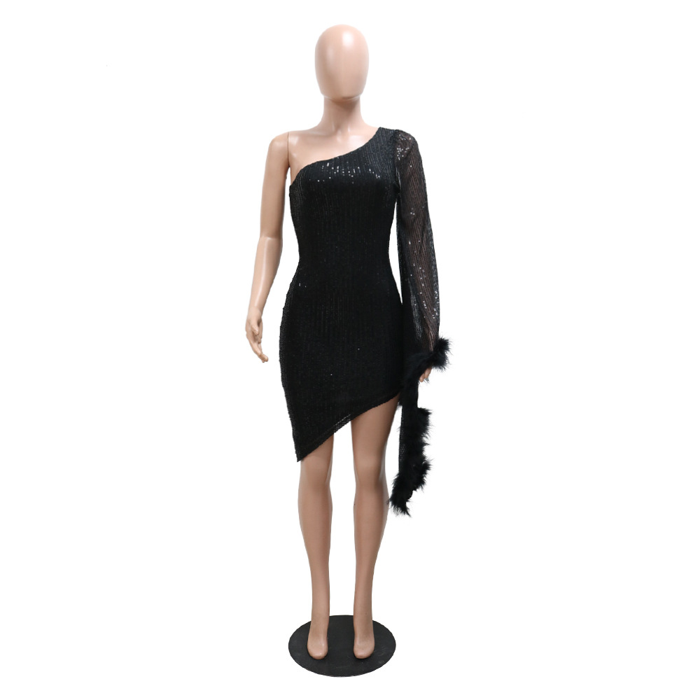 Diagonal Collar Irregular Asymmetric Sequined Sheath Dress for Women