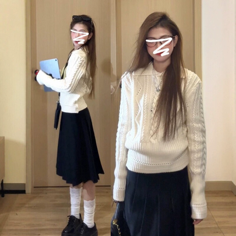 Женский белый трикотажный топ с отложным воротником в корейском стиле, весна 2025, новый стиль, ленивый внутренний слой