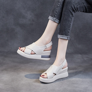 Genuine Leather Wedge Sandals Women's 2022 Summer New High Heel Open Toe Fairy-style All-match Thick Bottom Platform Crossover Sandals