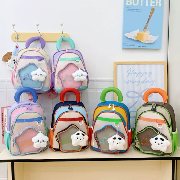 New Children's School Bag with Five-Pointed Star Design, Large Capacity Kindergarten Backpack for Ages 6-9, School Bag with Hand-Held Stationery Bag