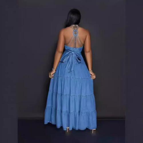 European and American women's cute and sexy V-neck halter dress with backless cake skirt long dress women's dress