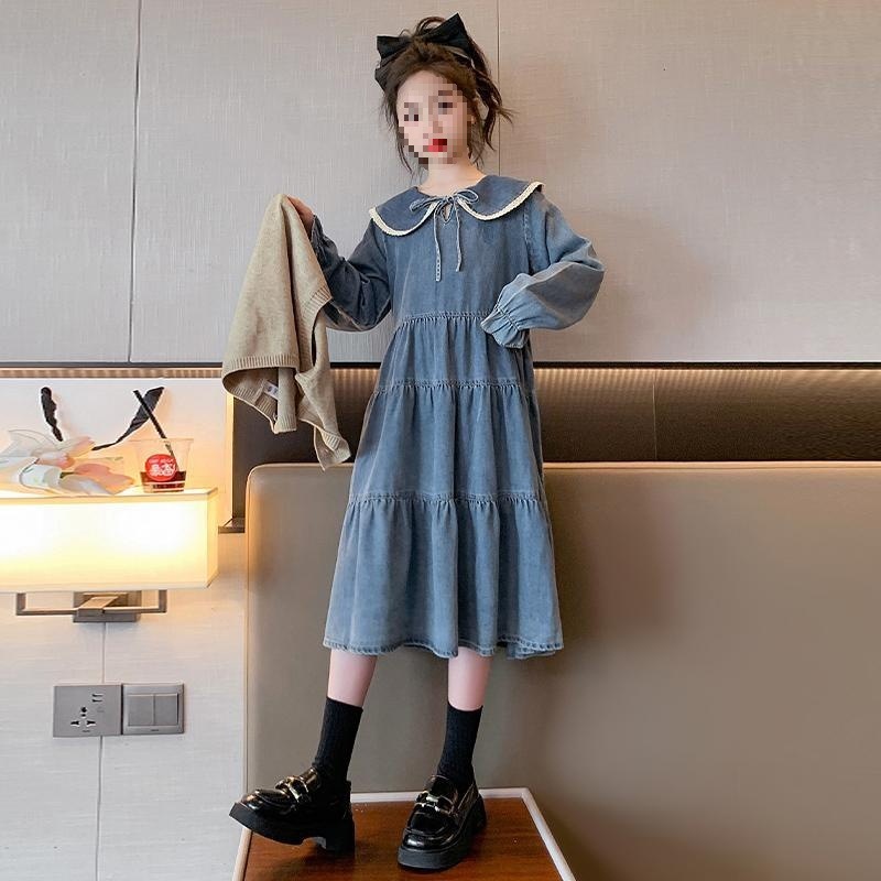 女の子ドレス、春秋新作、中型、大型子供用セーターベスト、女の子おしゃれデニムドレス、ツーピースセット、トレンド|undefined