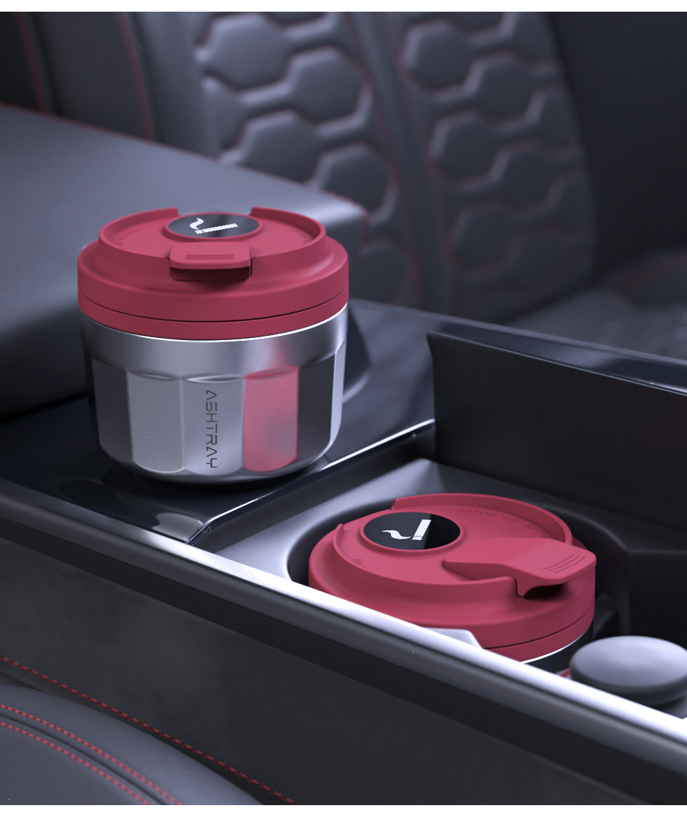 Low-profile car ashtray with lid, stainless steel interior, high-end car ashtray, in-car ashtray, anti-ash flying