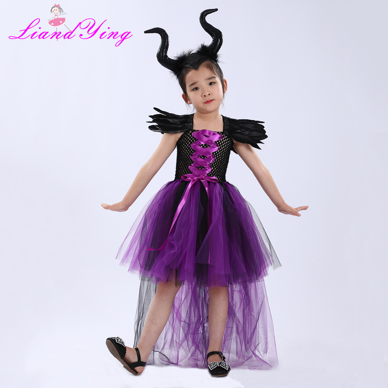 欧美儿童万圣节连衣裙女童网纱羽毛蓬蓬裙拖尾女巫礼服含发箍套装