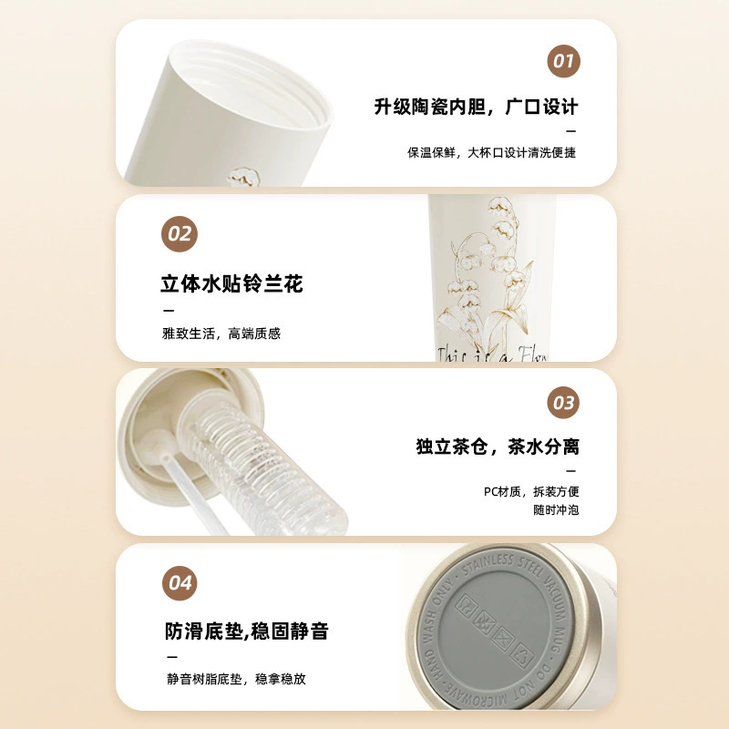 High quality handheld glass stainless steel, ceramic coffee liner, stainless steel AISI 304, orchid
