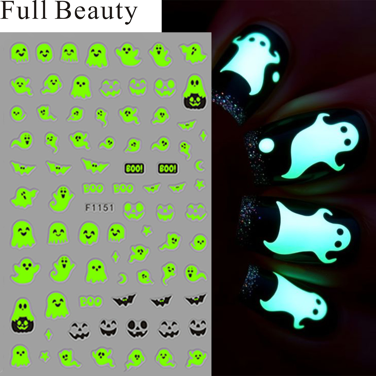 FULLBEAUTY跨境美甲贴万圣节卡通夜光可爱发光幽灵蝙蝠美甲贴