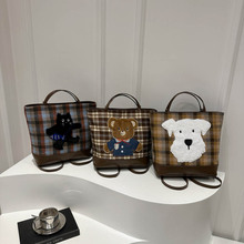 秋冬呢料格子双肩包包女2024新款潮韩国西高地托特包休闲大容量包