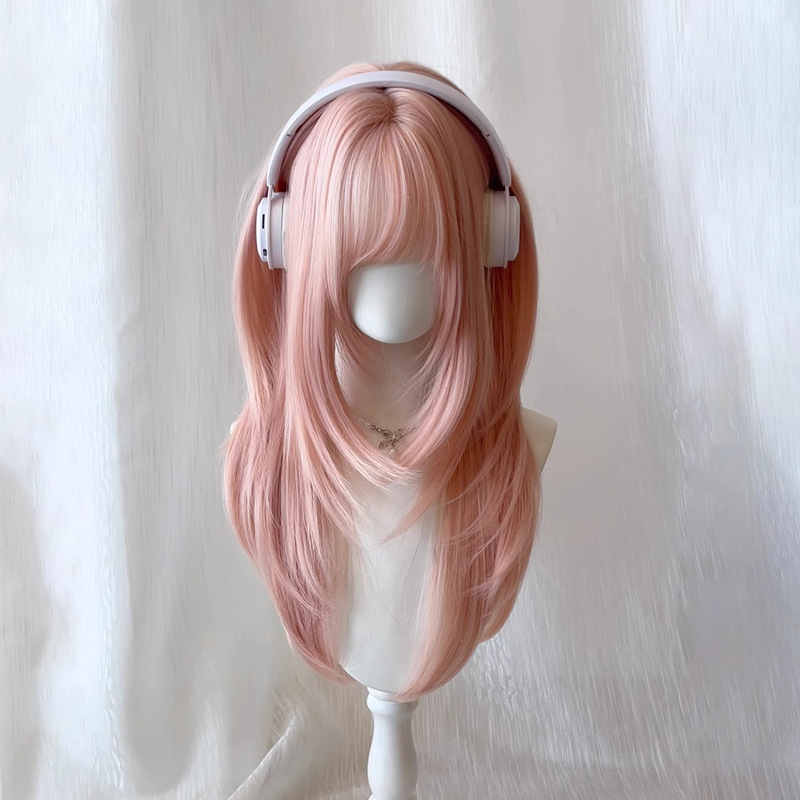 [Sakura Bell] Pink Wig Female Bangs High-Level Long Straight Hair Jk Young Girl Popular Same Style Natural Full Headgear