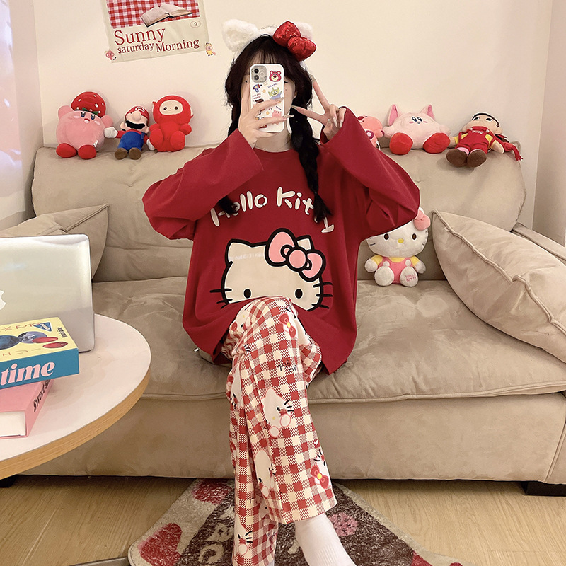 Cute Hellokitty Pure Cotton Girls Pajamas Spring and Autum Sweet Student Fat mm Plus Size Home Clothes Set