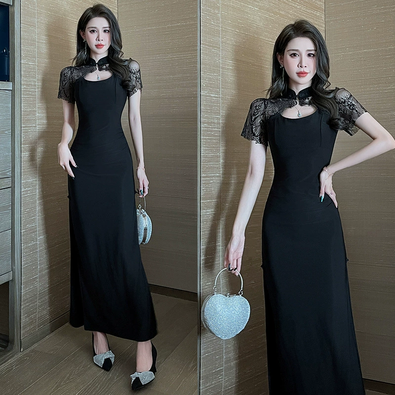 Элитная женская одежда 2025 года, легкий люкс, изысканный и элегантный стиль, новое черное приталенное платье в китайском стиле, лето 1515