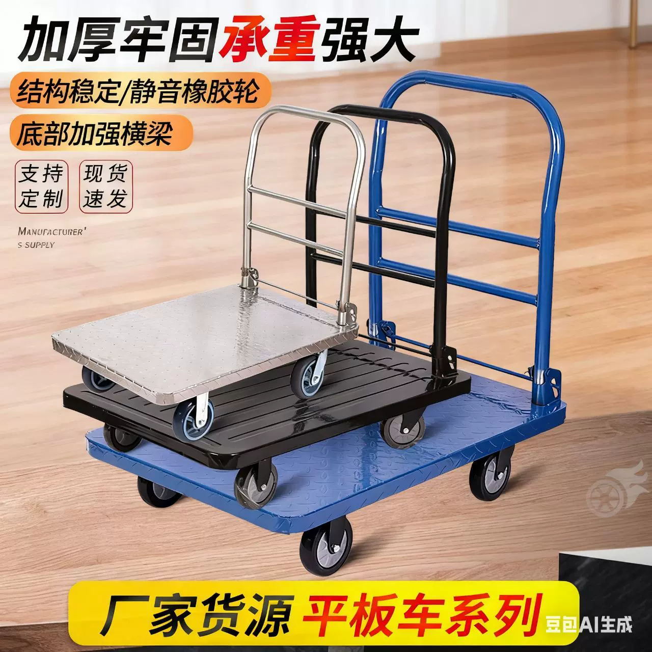 铁平板工具车四轮拉货手推车仓库搬运车加厚花纹板折叠劳动车