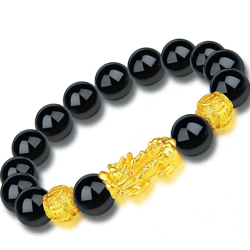 Vietnamese Sand Gold Pixiu Bracelet for Men and Women Imitation 3D Hard Gold 99 Obsidian Piqiu Buddha Beads Jewelry Long-Lasting Jewelry