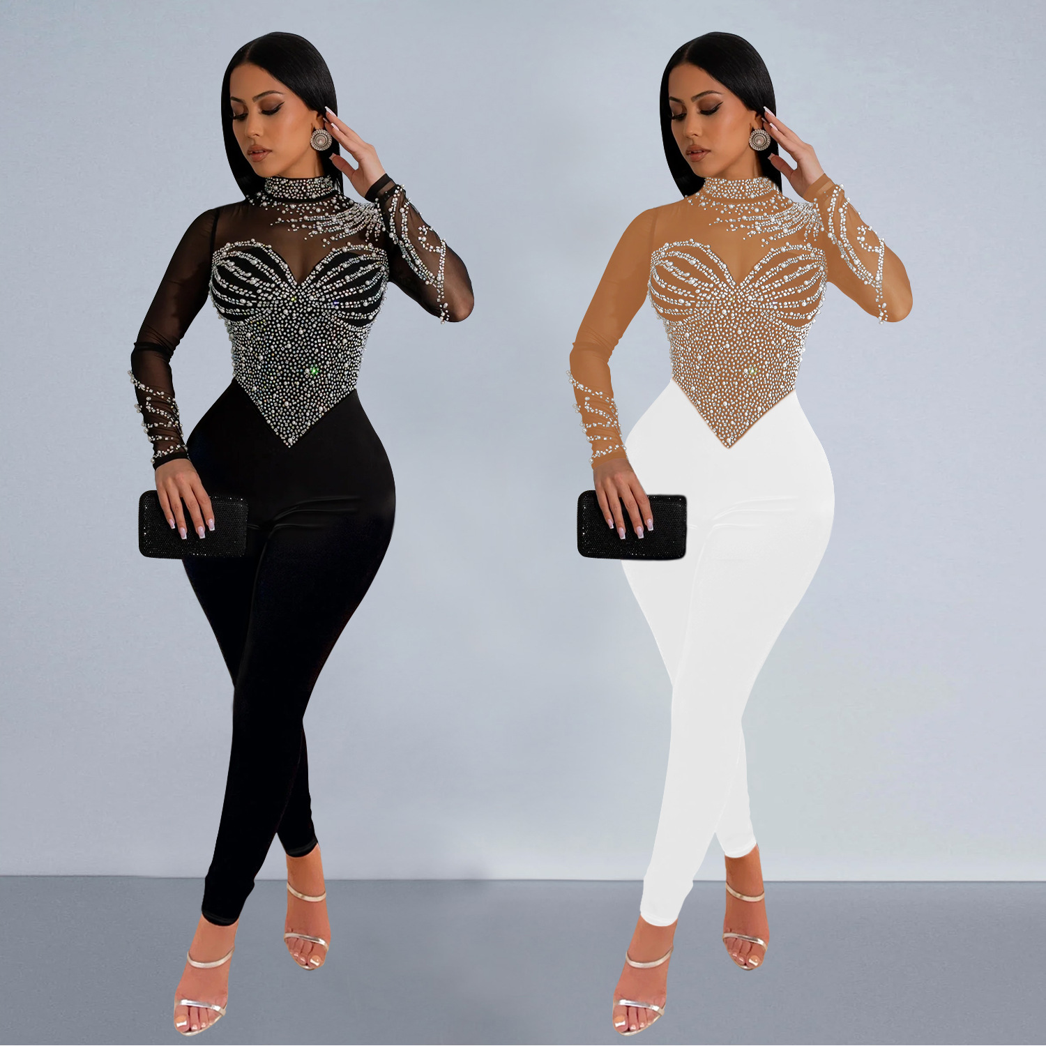 C6912 Cross-border AliExpress Amazon Pantalones de manga larga de diamantes calientes de malla de color sólido para mujer de moda europea y americana