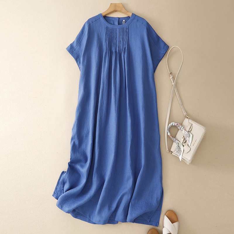 Artistic Loose-Fitting Batwing Sleeve Blue Cotton-Linen Dress for Women, Summer Mid-Length Round-Neck Pleated Gown