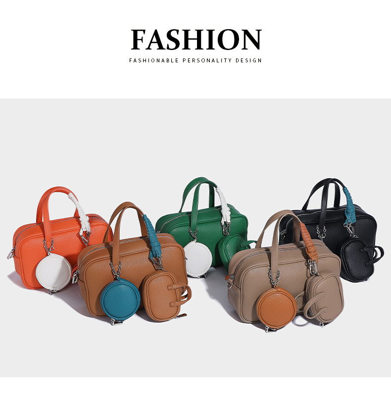 Túi Boston xách tay nữ cổ điển phong cách vintage, kèm túi đeo chéo nhỏ — Màu trắng, Màu nâu, Xanh denim, Màu đen chi tiết 2