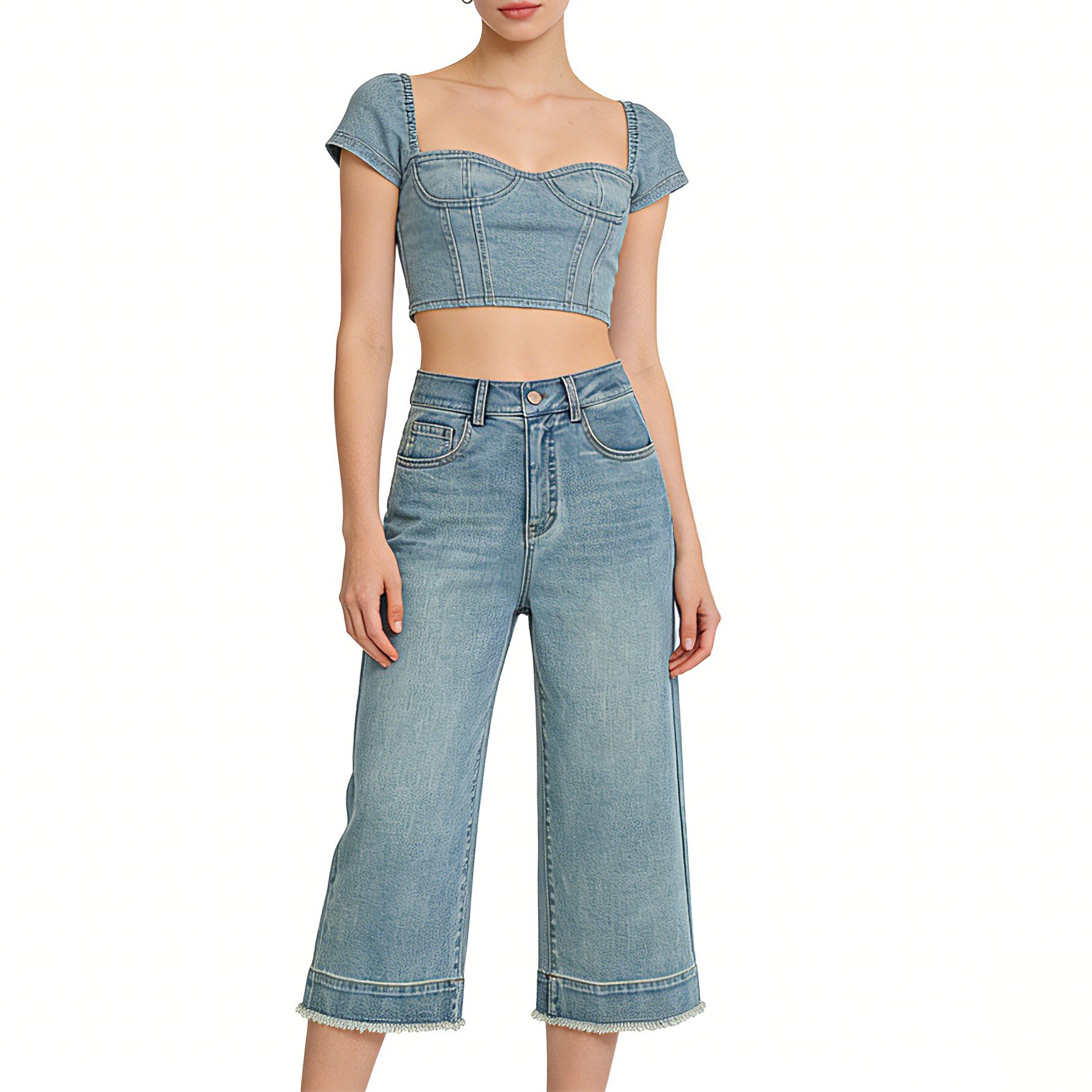 Quần jean nữ ống rộng cạp cao, chất liệu cotton pha linen mỏng nhẹ, dáng suông rủ, gấu tua rua — xanh lam chi tiết 4