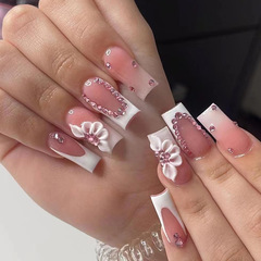 Mid-length sparkling pink diamond sweet flower wear nails simple French style pure desire white girl fake nails nails