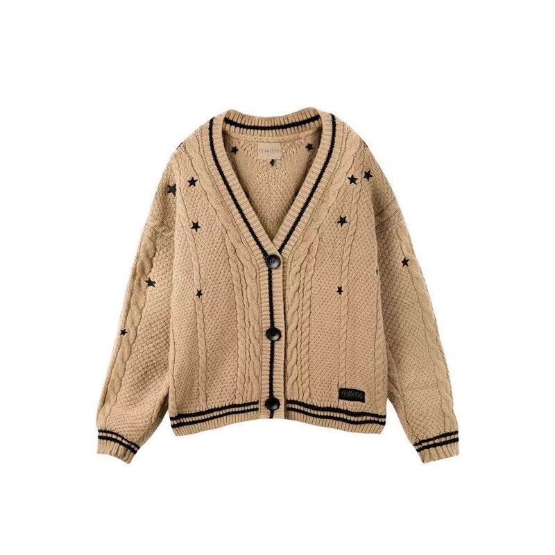 Autumn and Winter Elegant Star Embroidered Cardigan Knitted Brown V Neck European and American Fashion Versatile Casual Sweater Jacket