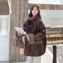 AL咖啡色皮毛一体棉衣冬女2024新款设计感加厚保暖单排扣羊羔毛外