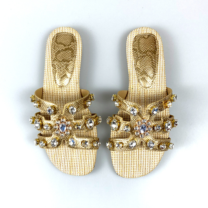 [in Stock] Women's Slippers 2026 Summer New Style Rhinestone Retro Square-Toe Flat Mules Versatile Outdoor Sandals