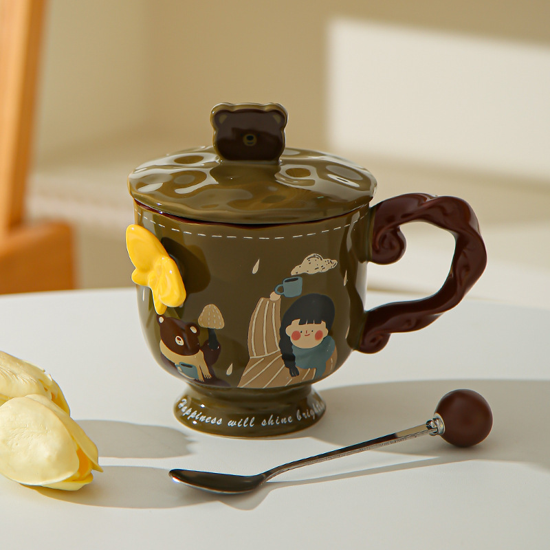 Retro chica taza de pie alto caja de regalo mariposa alta sensación de taza de cerámica con tapa de regalo de cumpleaños de chicas