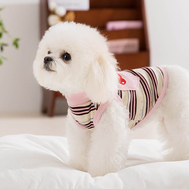 Perro primavera verano transpirable lindo chaleco a rayas bordado de cereza vestido de dos patas de gato ropa de peluche para mascotas