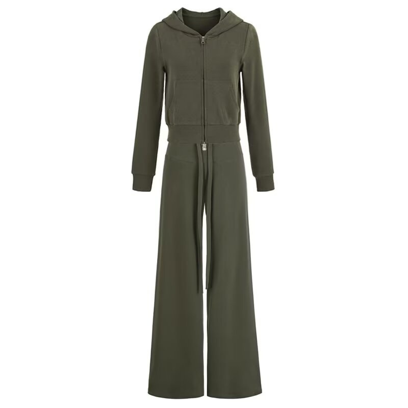 Winter Sporty Casual Fitness Women's Sweatshirt And Pants Set Hooded Zip up Sweatshirt Low Rise Drawstring Pants_ecoleips.com