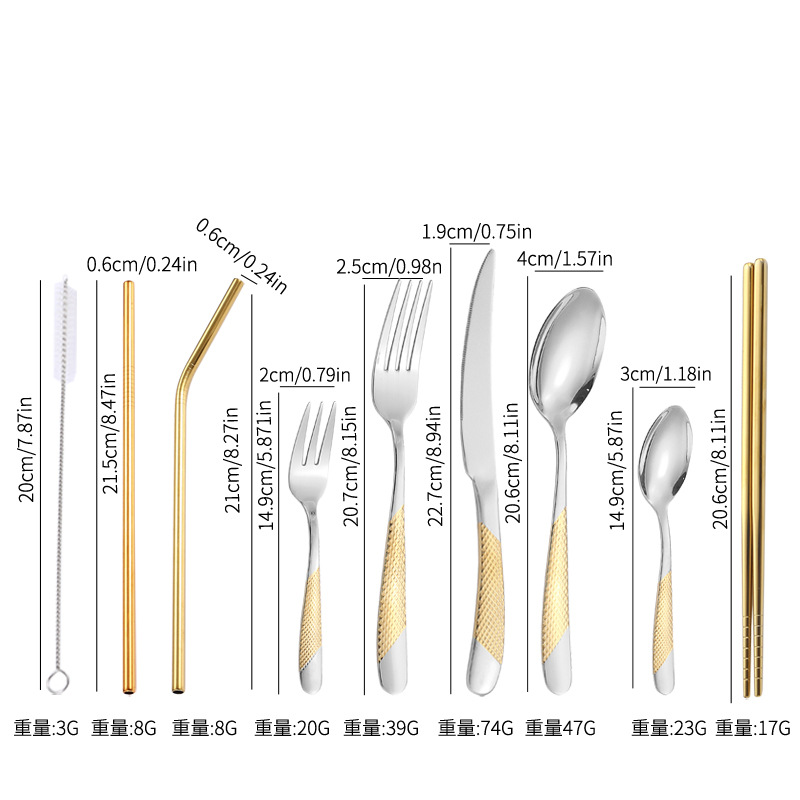 Diamante estrella cuatro piezas principales transfronterizo cuchillo, tenedor y cuchara de paja 9 piezas traje de paja de acero inoxidable directo de fábrica