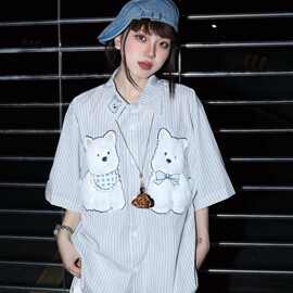 美式复古趣味毛绒小狗格子短袖衬衫女夏季宽松百搭潮牌情侣衬衣