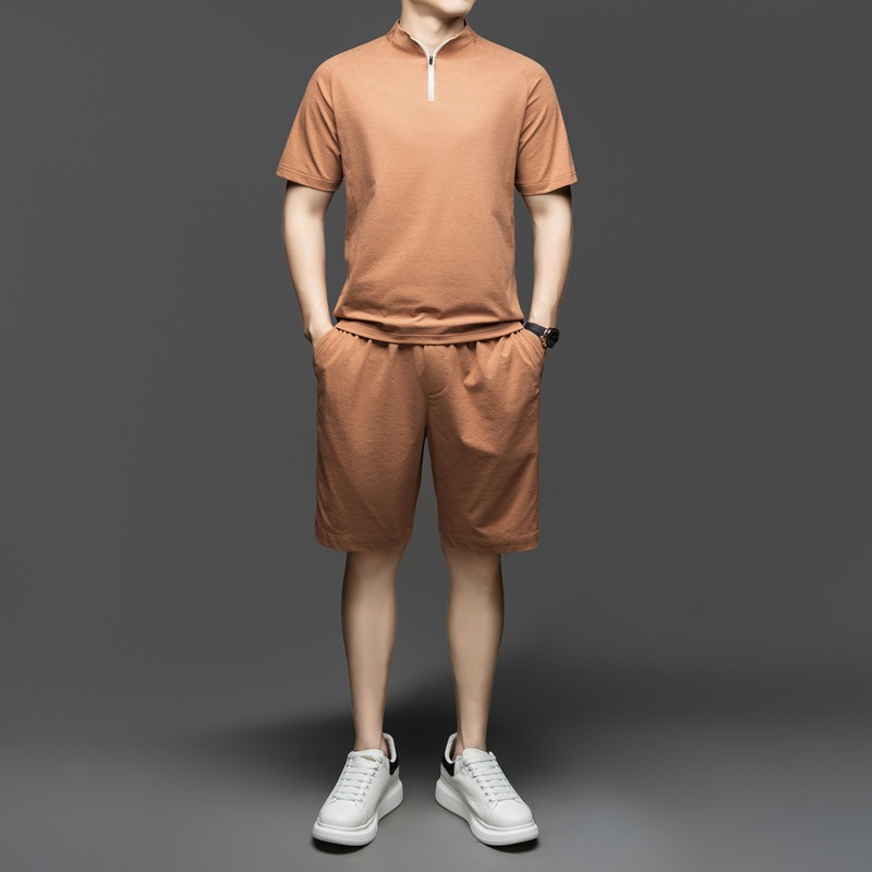 2026 New Summer Men's Casual Short-Sleeve Set T-Shirt, Nylon/Spandex Seamless Half-Zip Stand Collar Short-Sleeve