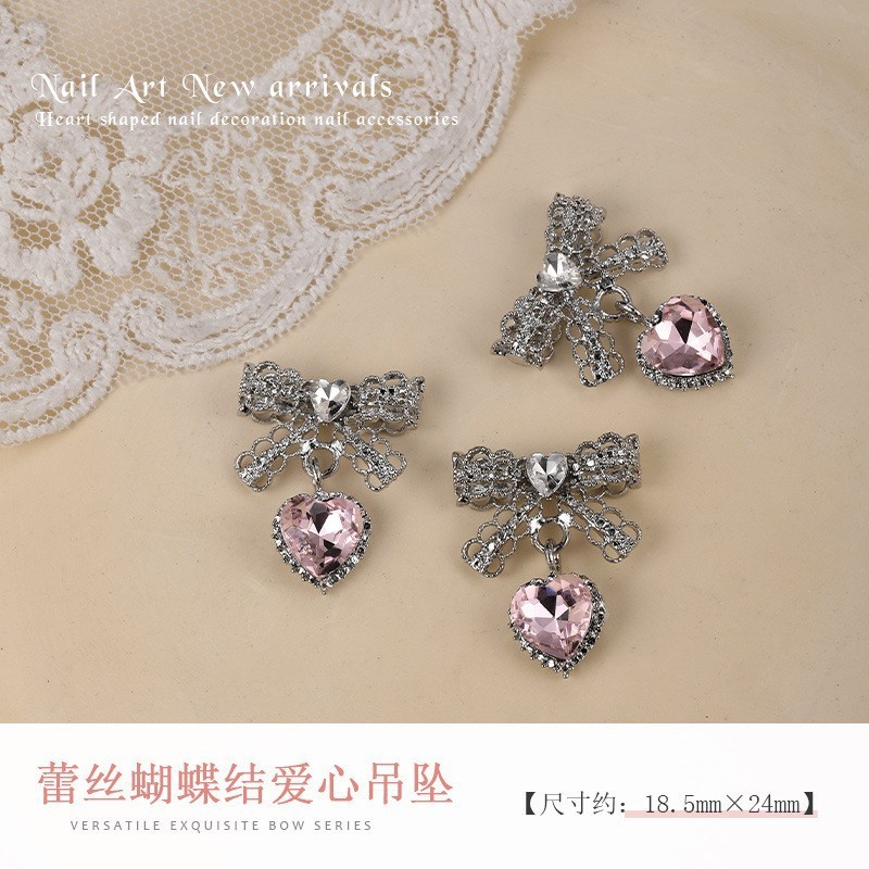 新款蕾丝蝴蝶结爱心吊坠美甲饰品立体蝴蝶结金属指甲钻美甲装饰|undefined