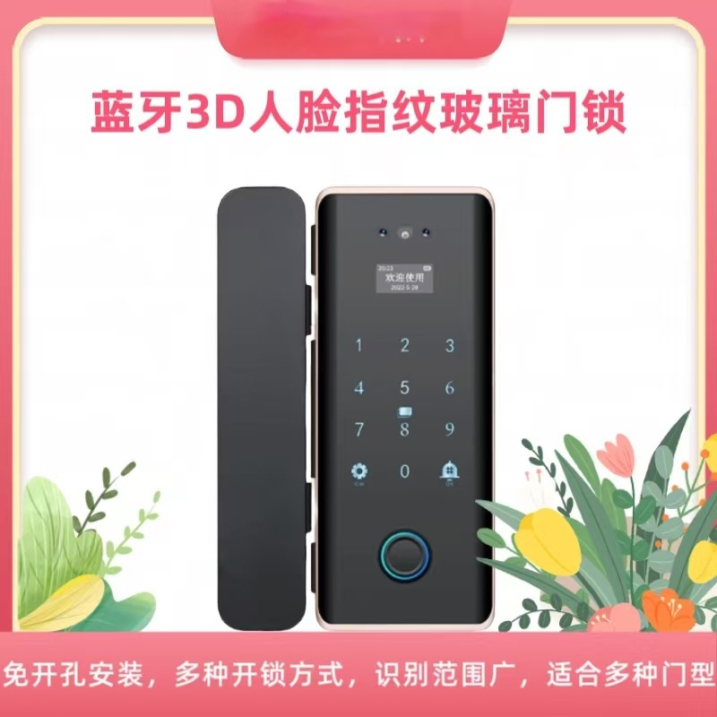 3D人脸识别智能玻璃门锁免开孔双开门指纹解锁密码锁涂鸦WiFi