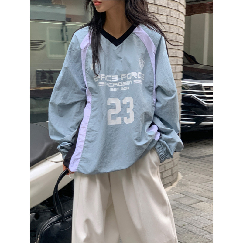 美式运动风复古字母撞色拼接休闲中性宽松V领套头长袖上衣