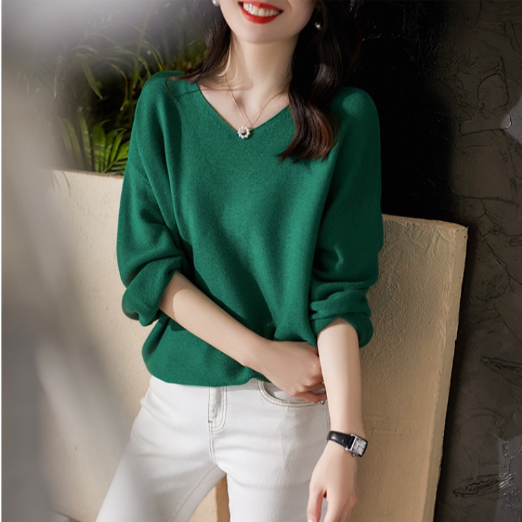 2024春秋季新款V领针织毛衫内搭女九分袖短款针织衫打底衫上衣