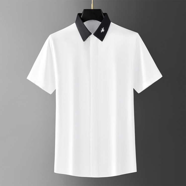 Áo sơ mi nam ngắn tay thêu họa tiết ong nhỏ, chất liệu cotton thoáng mát, form dáng thon thả — Màu trắng, Màu đen chi tiết 6