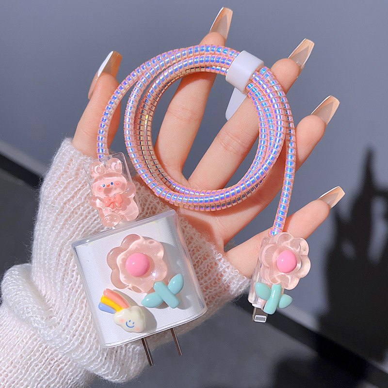 【Conejo rosa y floral】Funda para teléfono + cordón + protector de cable