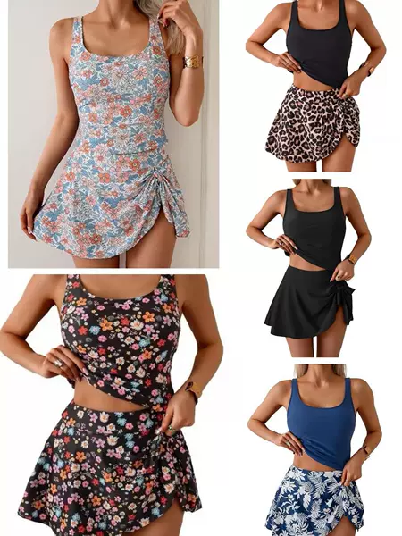 2026 New European and American Style Floral Two-Piece Swimsuit for Women, Fashionable Sports Skirt-Style Swimwear, Printed Conservative Tankini