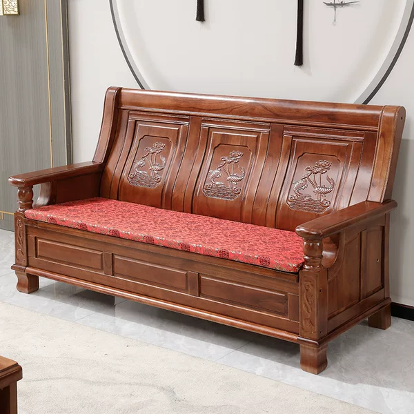 All-Solid Wood Antique-Style Sofa Set for Rural Living Room, Wooden Chinese-Style Three-Seater Sofa, Suitable for Both Winter and Summer Use