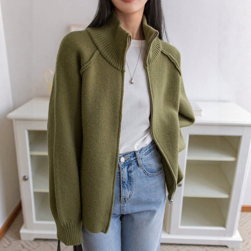 Casual Style Women's Sweater Coat 2026 Autumn/Winter New Korean Style Plus Size Solid Color Stand Collar Zipper Knit Cardigan Top