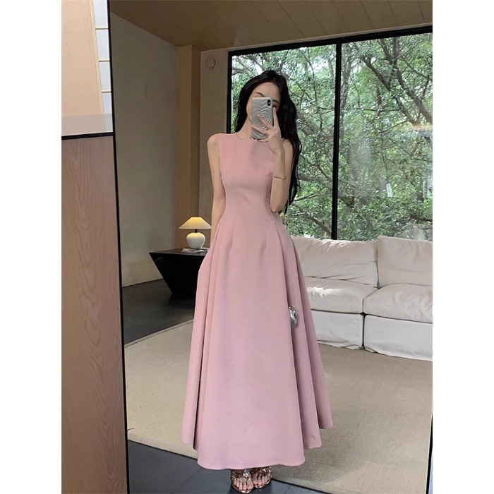 ホワイトドレスレディース夏2025新しいフレンチスタイルノースリーブベストウエスト痩身ロングスカート婦人服|undefined