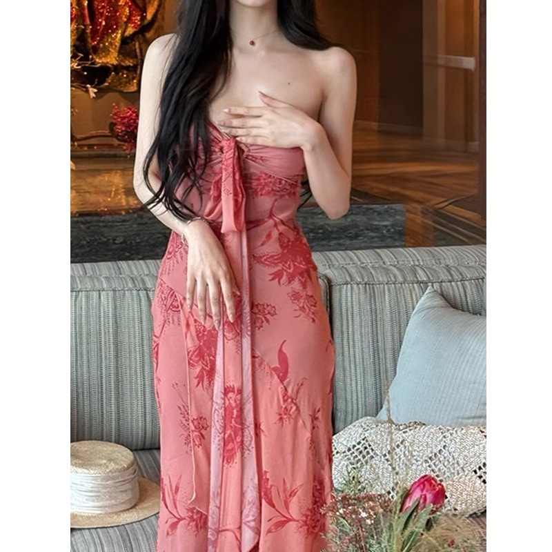 【海葵之舞】 100仿人丝印花抹胸包臀度假连衣裙不规则绑带设计感|undefined