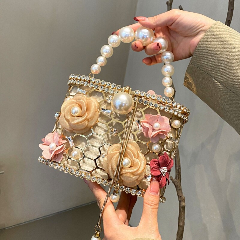 French-Style Metal Basket Bag with Diamonds, Hollow Rhinestone Pearl Clutch Bag, Single Shoulder Crossbody Bag for Women, Square Box French-Style Metal Basket Bag with Diamonds, Hollow Rhinestone Pearl Clutch Bag, Single Shoulder Crossbody Bag for Women, Square Box