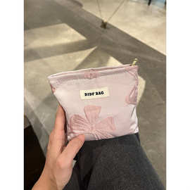 新款迷你粉色蝴蝶结小号化妆包女便携高级感零钱包双层帆布口红包