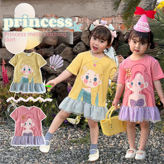 Girls' Patchwork Mesh Dress 2024 Summer New Korean Style Cute Cartoon Princess Series Ruffled Skirt for Girls