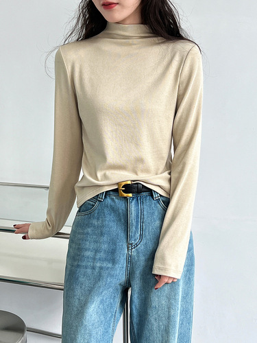 Sheepskin Autumn and Winter Semi-High Collar Tucking Base Shirt Women's Inner Warm Soft Long Sleeve Knit T-shirt 2729