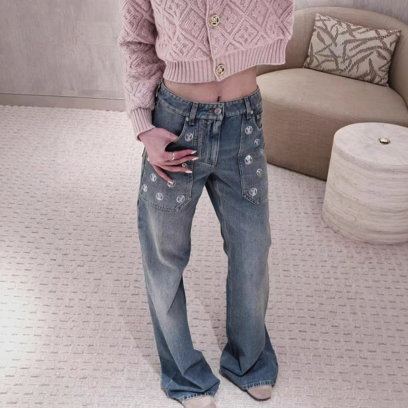 Nanyou Ma Huajia Letter Circle Sequin Washed Blue Jeans Women's New Spring and Autumn High Waist Wide Leg Jeans