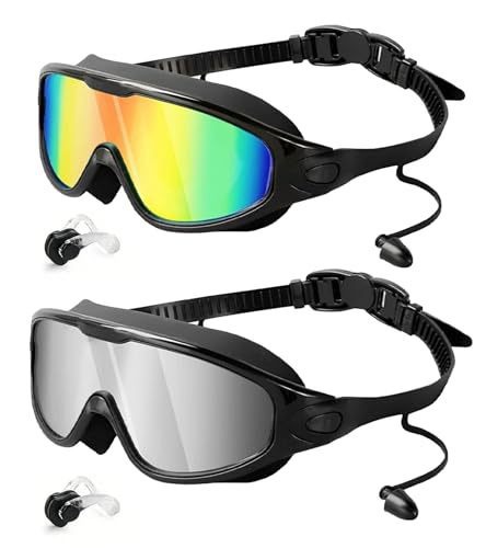 커플 스타일 일체형 귀마개 세트 - 고화질 대형 프레임 수영 고글 - 블랙 레드 도금 + 블랙 실버 도금