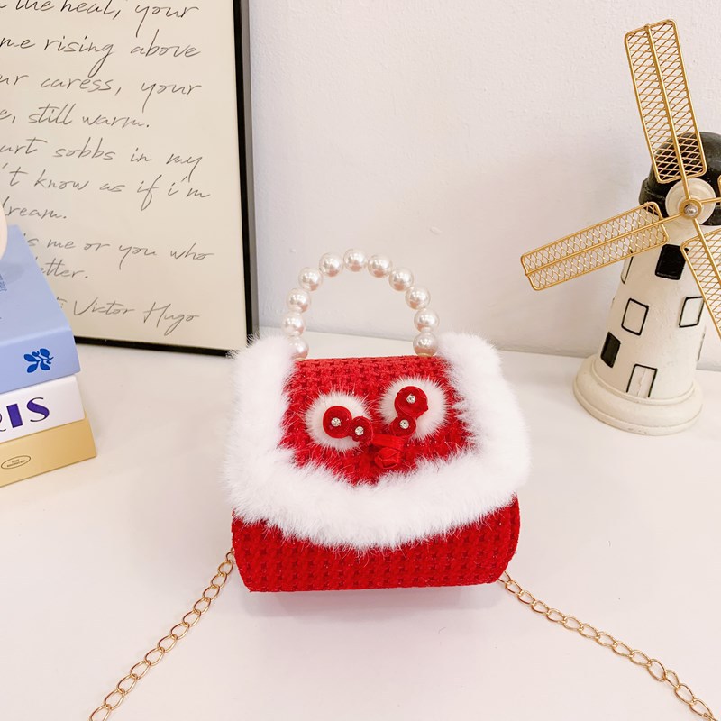 2025 bolsos de Año Nuevo para niños bolsos de perlas princesa de estilo cuadrado bolsos de hombro de cadenas de peluche niñas