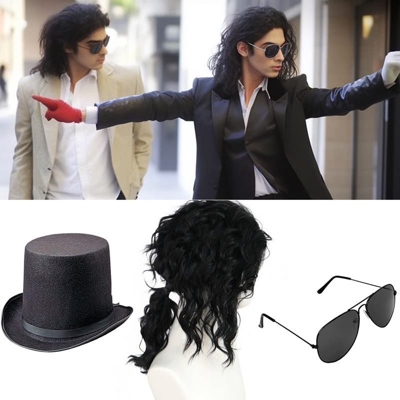 Cross-Border Amazon Holiday Popular Michael Jackson Wig Medium-Length Wig Hat Glasses Cos Suit Cross-Border Amazon Holiday Popular Michael Jackson Wig Medium-Length Wig Hat Glasses Cos Suit