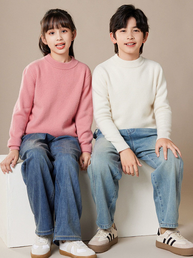 Толстая корейская версия пуловера для девочек свитер нижняя рубашка осень-зима новый пол-высокий воротник мужской и детский трикотаж свободный 2025